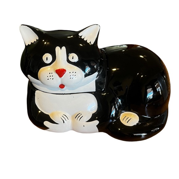 Vintage Tuxedo Cat Cookie Jar Ceramic Black and White Fat Cat - Picture 2 of 5